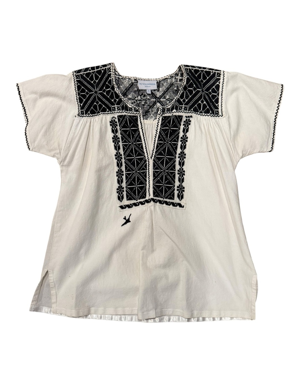 Mi Golondrina Mexico White Black Embroidered Huipil Blouse Top Small Boho